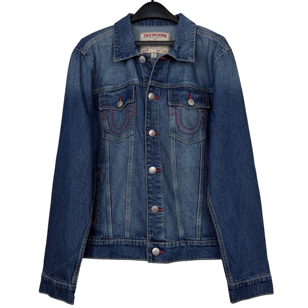 NEW True Religion Jesse SN Trucker Jacket Mens L Dark Fir Balsam Blue Denim $164